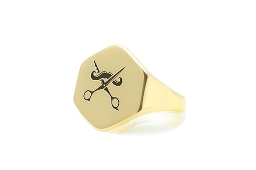 Bague de barbier en or hexagonale et gravée pour homme et femme