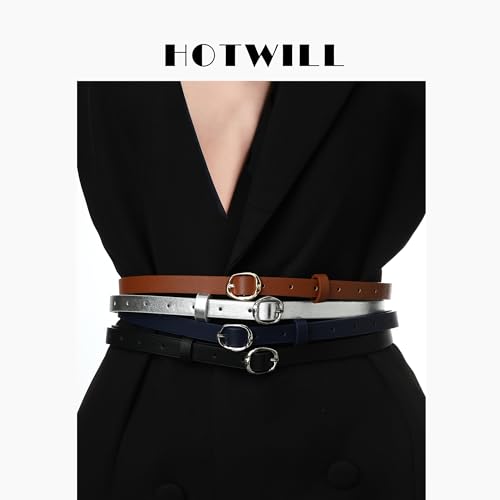 HOTWILL 4 Pack Women Skinny Belt for Dresses Jeans Pants Faux Leather Thin Waist Belts with Gold/Silver Oval Buckle2