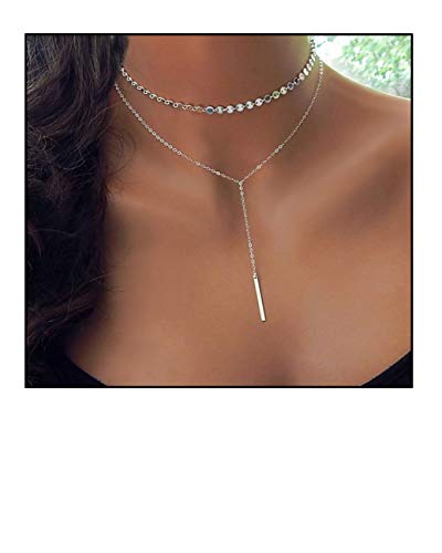 Zealmer Bar Pendant Coin Chain Multi Layer Choker Necklace For Women, 13" Silver-Tone #TOP1