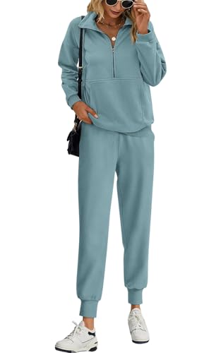 PRETTYGARDEN Long Sleeve Half Zip Sweatsuits Women 2 Piece Outfit Spring 2026 Casual Sweatshirt Sweatpants Lounge Set Tracksuit (Blue, Small)