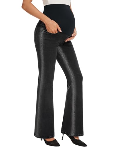 Image of GLAMIX Women's Stretch Maternity Bootcut Jeans with Pockets Over The Belly Bell Bottoms Flare Denim Pants Pregnancy Clothes