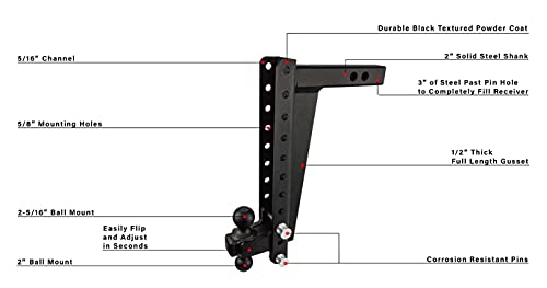 Bulletproof Hitches 2.0" Adjustable Heavy Duty (22,000Lb Rating) 16" Drop/Rise Trailer Hitch With 2" And 2 5/16" Dual Ball (Black Textured Powder Coat, Solid Steel) #TOP6