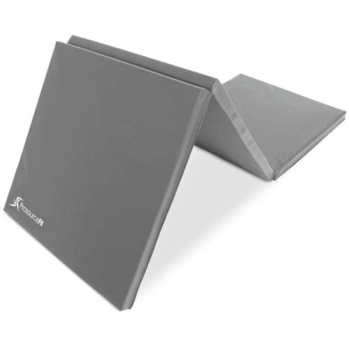 ProsourceFit Tri-Fold Folding Thick Exercise Mat 6’x2’ with Carrying Handles for MMA, Gymnastics Core Workouts, Grey
