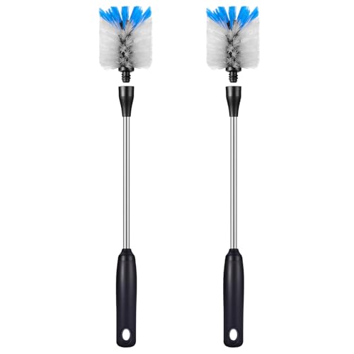 Image of MOSOLAN Stainless Steel Bottle Brush with Replaceable Head, 2 Pack Long Handle Scrubbing Brush for Water Bottles, Glasswares, Mugs, Flasks, Tumblers, Vases, and Kitchen Sink, White, 15 in