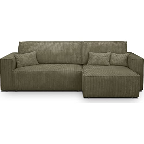 HOMIFAB Canapé d'angle Convertible réversible 4 Places avec Coffre de Rangement en Velours côtelé Vert Kaki - Livia 240x101/154x84cm