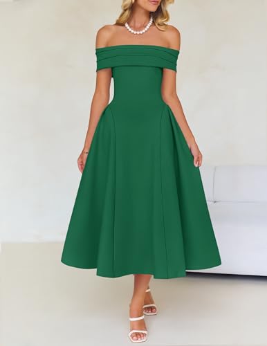 Image of ZESICA Summer 2026 Cocktail Dresses for Women's Off Shoulder Short Sleeve Swing A Line Wedding Evening Party Midi Dress