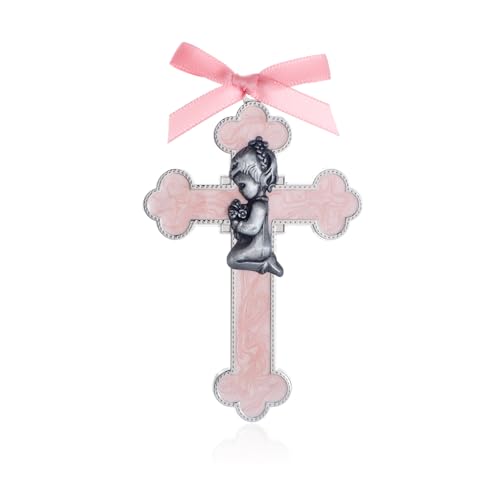 KOMI Pink Baby Wall Cross Baptism Gifts for Girls Praying Boy Cross Wall Hanging Decor Religious Catholic Baptism First Holy Communion Gifts