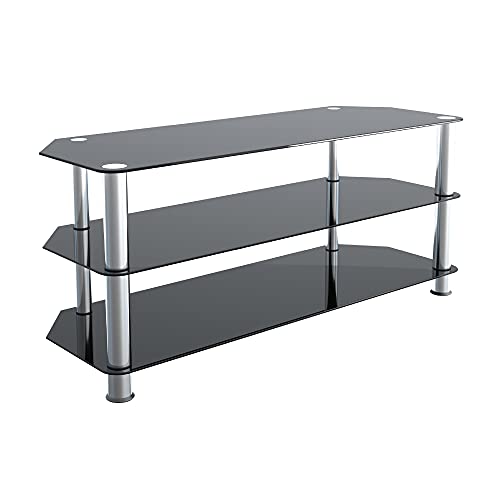 King Meuble TV en Verre noir pour Ecran 20' - 55' pouces LCD/LED/Plasma Pieds Argentes 114cm