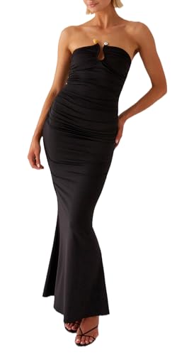 Image of Cut Out Maxi Tube Dresses for Women Sexy Y2k Strapless Backless Bodycon Long Dress Summer Sleeveless Hollow Sundress