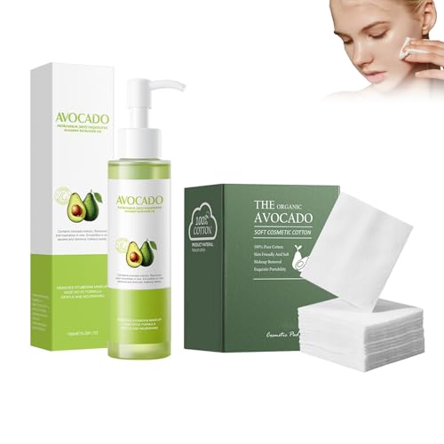 Hppsctink Set de aguacate, 150ml Aceite limpiador de aguacate y 100pcs Discos de algodón de aguacate, elimina el maquillaje, deja una sensación sedosa en la piel, cream
