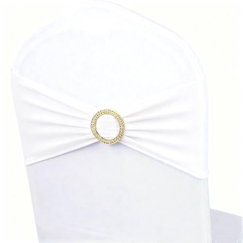 Image of White Chair Sashes 50 Pack with Gold Buckle Slider, Spandex Sashes for Folding Chairs Wedding Party Banquet Decor