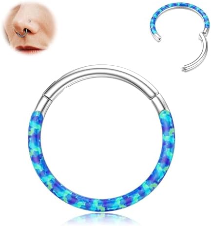 BodyBonita Hinged Opal Nose Rings Hoops - 16G/18G/20G 316L Surgical Steel Hinged Hoop Nose Rings Septum Rings Conch Helix Daith Piercing Jewelry Purple/Pink/Blue/White 10mm/8mm Silver/Gold Plated