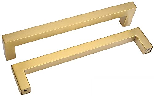 Goldenwarm Brushed Brass Kitchen Handles Cabinet Handles -LSJ12GD Square Gold Stainless Steel Brushed Brass Finish Hardware Storage Cabinet 160mm Hole Centers Handware 15 Pack