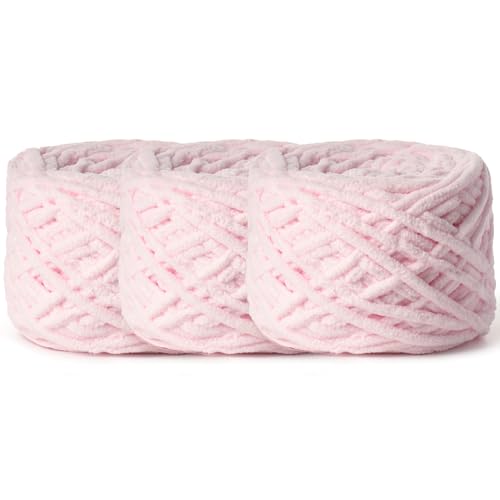 Image of 3 Pack Fluffy Chenille Chunky Yarn for Crocheting 100g(65.6yd) - Baby Yarn for Crocheting Soft - Velvet Yarns for Crochet Blanket - Amigurumi Crochet Yarns（Pink