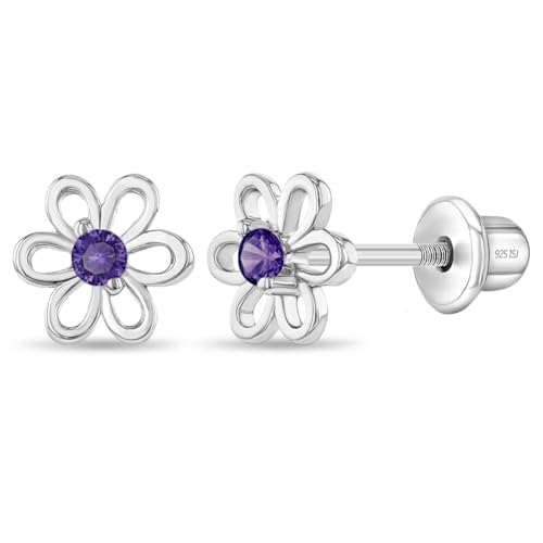 Image of In Season Jewelry CZ Flower Kids Earrings - 925 Sterling Silver Hypoallergenic Earrings for Girls with Secure Screw Backs - Safe & Comfortable for Toddlers, Kids & Little Girls