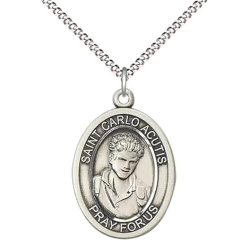 VILLAGE GIFT IMPORTERS St Carlo Acutis Pewter medal on a 24 Inch Heavy crub chain with a Prayer card to Carlo Acutis