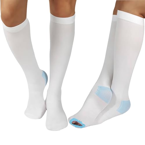 2 Pairs Medical Grade 15-20mmHg TED Hose Compression Stockings for Women & Men, Anti Embolism Knee-High Socks with Inspection Hole, Unisex White (Large)