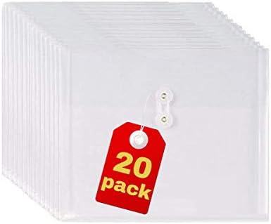 1InTheOffice Poly Envelopes Expandable Plastic Clear Envelope with Button & String Closure, Letter Size, Clear, 20 Pack