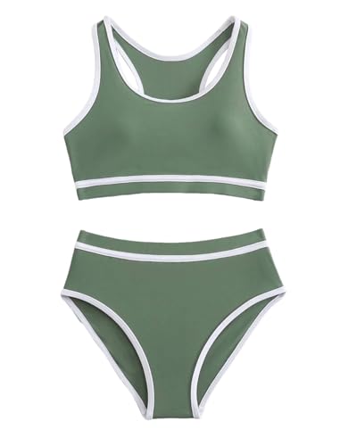 Image of Momkonzz Girls Bikini Sets for Kids Swimming Costume Padded Tween Racer Back Tankini Tops + Bottoms Quick Dry 9-13Y (Green 12T)
