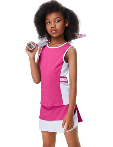 LIONJIE Kids Girls Tennis Golf Outfit Sleeveless Dress Tank Top Skorts Skirts Athletic Sets with Shorts and Pockets 3-12 Years, pink-red, 9-10 Years