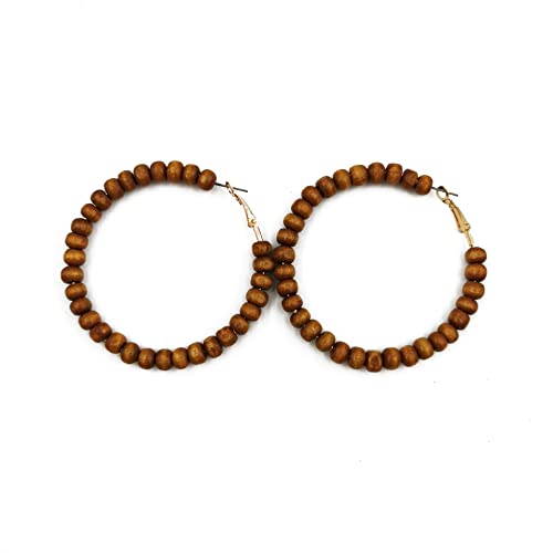 Vintage Woody Beaded Hoop Earrings - Handmade Wooden Drop Dangle Earrings - Retro Wood Rice Circle Earrings for Women Jewelry - Brown Big