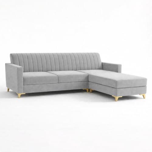 Image of CASASTYLE Groovy 4 Seater L Shape Sofa Set with Movable Ottoman | Flexible Left or Right Layout | Cozy Velvet Fabric | Soft Touch Seating | Modern Designer Sofa for Living Room (Light Grey)