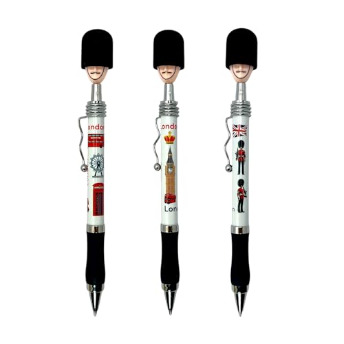 Bells Box London Souvenir Pens – Union Jack Pen - 3 Guardsman Soldier Ballpoint Pen with Famous Landmarks – London Pen - Royal Guard British Gift Pens