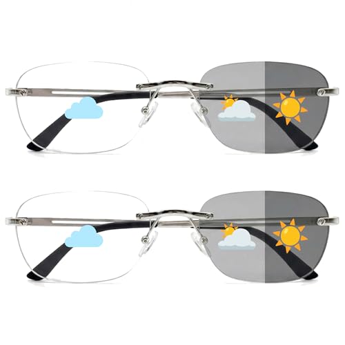 KLYNO-KLYNO Auto Focus Rimless Reading Glasses Men Women 2 Pack Photochromic Anti-blue Light Glasses Non-Prescription Readers