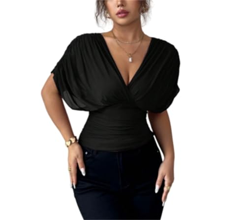 Haut court pour femme col V plongeant manche dolman froncé été chic