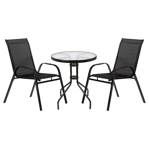 Image of Harbour Housewares Sussex Round Metal Glass Top Patio Bistro Set with 1 Table and 2 Chairs - Black - 3pc Small Circular Outdoor Kitchen Garden Coffee Breakfast Dining Pub Furniture