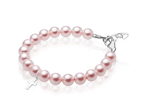 Image of Baby Crystals Pink Pearl Personalized Charm Bracelet for Girls, Sterling Silver Initial Charm Cross Charm Bracelet, Baptism Gifts for Girl, First Communion Christening, Keepsake Girls Jewelry