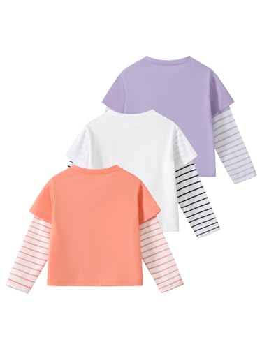 Little Girls Graphic Print Tee Shirt 3 Packs Long Sleeve Shirts Crew Neck Knit Tops Casual Daily Shirt 4-12Years2