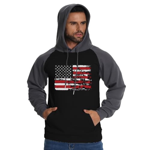 Men's Hoodies American Flag Print Sweatshirt Waffle Raglan Split Color Graphic Casual Drawstring Pullover4
