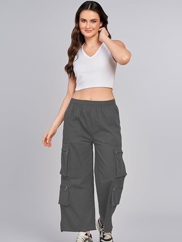 Image of ADDYVERO Elastic Cotton Solid Non-Stretchable Regular Fit Full Length Women six Pockets Cargo Pant (Grey, 28)