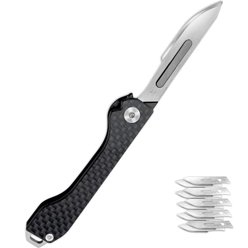Folding Pocket Knife with Carbon Fiber Handle, Stainless Steel Blades, Ergonomic Design, Ultra-lightweight and Compact, Rust-resistant, Compatible with #22/23/24 Blades, 10 Replacement Blades – Damaill