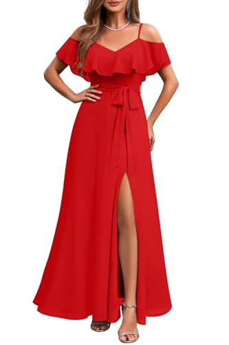 Red Dresses for Women Formal Prom Wedding Guest Bridesmaid Gown Off the Shoulder Chiffon Flowy Split A-Line Long Dress