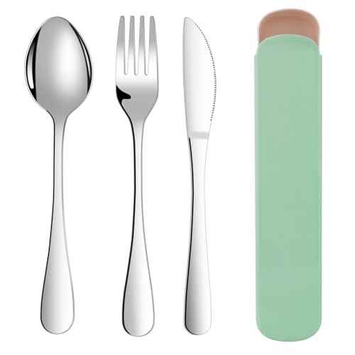 ABOHU Cutlery Set with Portable Pouch Case, 3 Piece Stainless Steel Flatware Set, Tableware Silverware Set with Spoon Knife and Fork Set, Mirror Polished, Dishwasher Safe - Green