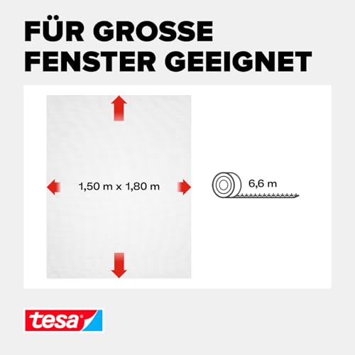 tesa Insect Stop Standard Fliegengitter für Fenster - Insektenschutz zuschneidbar - Mückenschutz ohne Bohren - 1 x Fliegen Netz - 150 cm x 180 cm - Weiß
