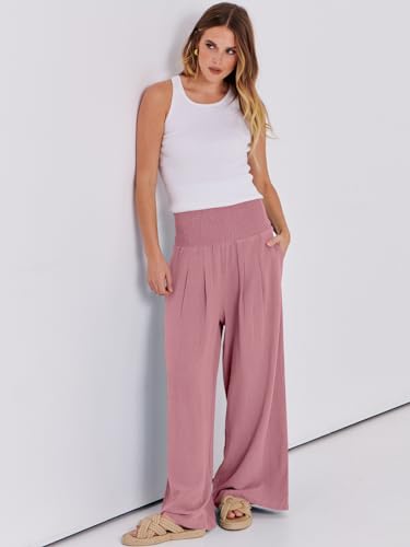 Image of ANRABESS Women Linen Palazzo Pants Summer Boho Wide Leg High Waist Casual Lounge Pant 2026 Beach Travel Vacation Outfits