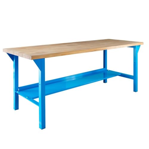 Steinbock Werkbank mit Ablageboden | 500 kg Tragkraft | HxBxT 85 x 200 x 75 cm | Lichtblau | 5 cm Starke geölte Massivholz-Arbeitsplatte | stabiles Stahlgestell | Made in EU | Werktisch