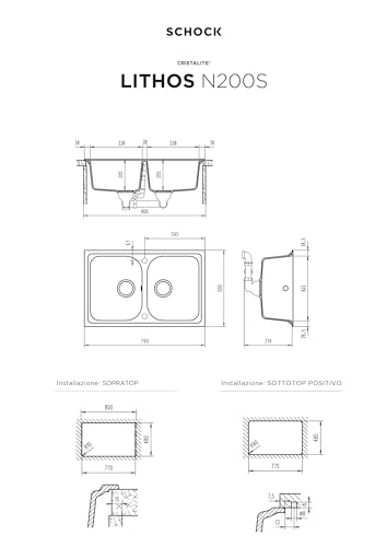 SCHOCK Lithos N200S Küchenspüle mit 2 Becken, klein, Material Cristalite®, taubengrau, 790 x 500 mm