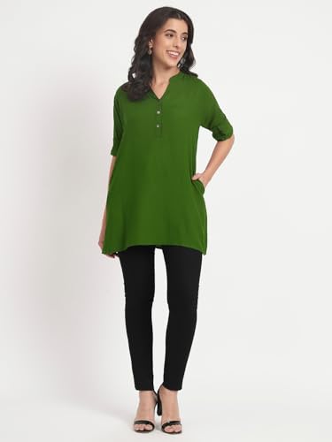 Image of Women's Roll-Up Sleeve Tunic Top, V-Neck with Button Front, Side Pockets, Rayon Short Kurti