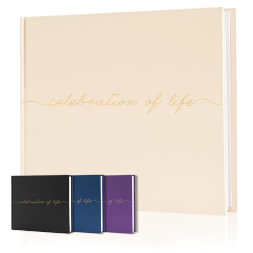 Image of Funeral Guest Book for Celebration of Life, in Loving Memory Sign in Book | 320 Entries, Table Sign Card Included, Gold Stamping, Twill-Textured Paper Cover, Memorial Keepsake, 9x7.5 inch, Beige