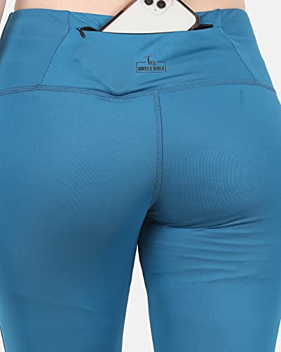 Image of The Dance Bible Women High Waist Solid Arctic Blue Mesh Net Design Gym Leggings Tights with Back Zip Pocket