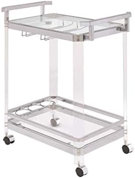 Coaster Home Furnishings Modern Contemporary 2 Shelf Acrylic Serving Bar Cart Trolley Clear Tempered Glass Caster Wheels Wine Bottle Holder Stemware Rack Chrome