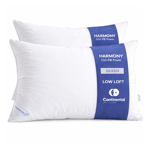 Continental Bedding Harmony White Goose Down Pillow 550 Fill Power Soft Loft 100% Cotton 300 Thread Count Shell Queen Size 2 Pack Made in USA