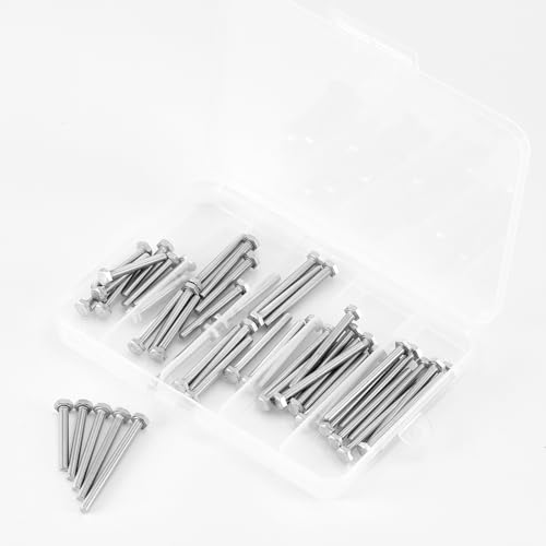 Image of M4 x 30mm 35mm 40mm 45mm 50mm Heavy Duty Hexagon Bolts Hex Head Screws, 304 Stainless Steel, Metric Machine Fully Threaded, Bright Finish, Assortment Kit 50PCS