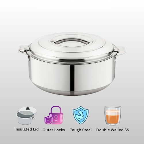 Image of Stainless Steel Hotpot with Lid, 2.5 Liter (20 cm Diameter), Double Wall Insulated, Keeps Food Hot & Fresh, Durable Heavy Duty, Ideal for Rice, Curry, Biryani, Chapati - Silver