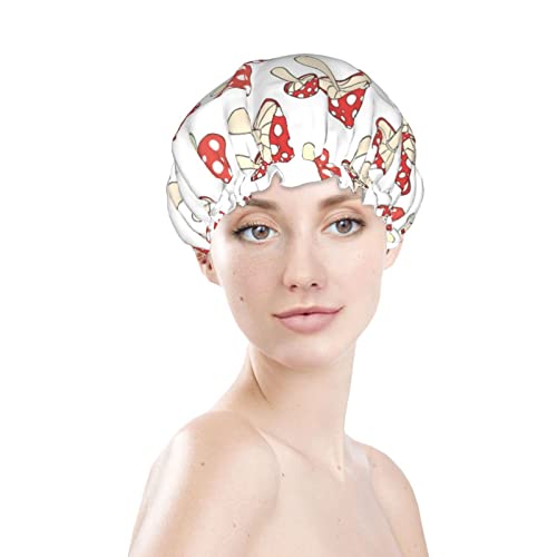 Chak Red Mushroom Shower Cap Women Waterproof Reusable Peva Lining Adjustable Elasticized Hem For All Long Hair Bath Hat #TOP2