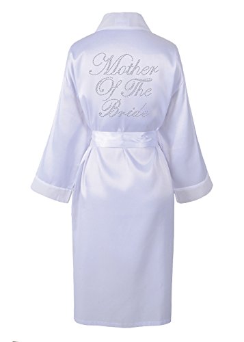 Albornoz personalizado de boda para madre de novia, con inscripción en inglés 'Mother of the bride', satinado con cristales brillantes Blanco